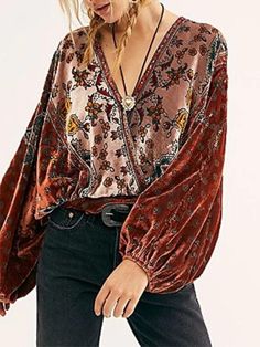 Women Color Block Long Sleeve Daily Sweater Mode Country, Look Boho Chic, Mode Kimono, Mata Hari, Estilo Hippie, Mode Boho, Bohemian Tops, Velvet Blouses, Fashion Materials