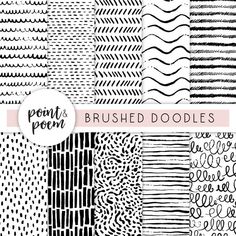 black and white brushed doodles in different shapes, sizes and colors with the words brush