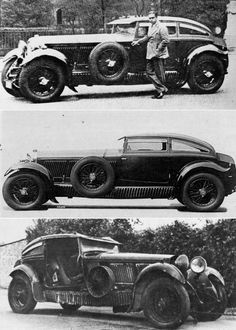 two pictures of an old car, one in black and white