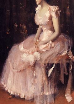 a painting of a woman in a pink dress sitting on a chair with flowers around her neck