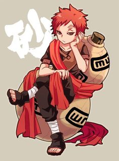 an anime character with red hair sitting on a stool