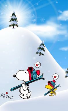 a cartoon dog skiing down a hill with another dog on it's back and snowing in the background