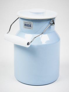 a light blue canister with a white lid and handle on the side, sitting upright against a white background