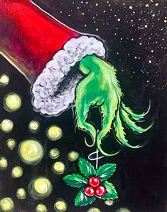 an acrylic painting of a santa's hat with green hands and holly berries