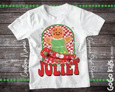 Custom Name Retro Style Christmas Shirt with a skateboarding gingerbread girl. Available is sizes 0-3 Month to Youth 14-16. See photos for size chart. This shirt is made of 100% polyester but has the look and feel of cotton.  CARE INSTRUCTIONS - Turn Garment Inside Out - Machine Wash Cold with Mild Detergent - No Bleach - No Fabric Softener - Cool or Air Dry PRODUCTION TIME & SHIPPING * The production time for your order is estimated at 1-2 business days. * All orders are dispatched via USPS Gro Kids Christmas Shirt, Personalized Christmas Shirts, Retro Christmas Shirt, Christmas Shirt Funny, Christmas Shirts For Kids, Skateboard Tshirt, Gingerbread Girl, Funny Christmas Shirts, Fabric Softener