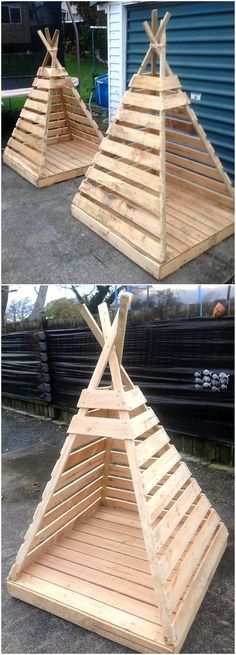 two wooden structures made out of wood planks