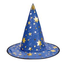 a blue and gold party hat with stars on the top, isolated against a white background