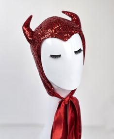 The headpiece features red sequin fabric and playful horns, making it a perfect addition to any costume.  One size fits most, head circumference- 22-23 inches.  Lightweight and comfortable to wear all night long. The bonnet is completely lines and has long ties, which you can tie into a bow, leave hanging like a scarf, or style however you like. Fits a variety of Halloween and Cosplay costumes. Pair it with your evening outfit and turn it into a Halloween or party costume with just one headpiece. This headpiece will add style and shine to your costume, ensuring you're the centre of attention! Welcome custom orders, I love it, please message me. Red Winter Party Costume, Novelty Red Costume Hats And Headpieces For Costume Party, Novelty Red Costume Hats And Headpieces For Parties, Red Novelty Costume Hats For Costume Party, Novelty Red Costume Hats For Parties, Fitted Costume Accessories For Christmas Costume Party, Red Costume For Cosplay Party, Themed Costume Accessories For Christmas Cosplay, Themed Christmas Costume Accessories For Cosplay