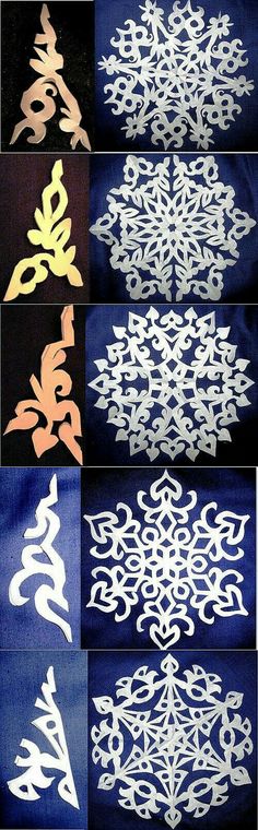 four different types of snowflakes are shown in white and gold colors on black background