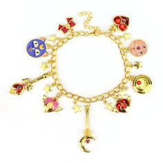 Sailor Moon Jewelry, Cat Charm Bracelet, Sailor Moon Luna, Card Captor Sakura, Cosplay Jewelry, Moon Bracelet, Gold Charm Bracelet, Sailor Scouts, Bead Bangles