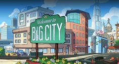 the simpsons character is standing in front of a big city sign that says welcome to big city