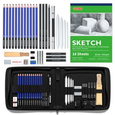 the art supply set includes pencils, markers and sharpener in a case with its contents