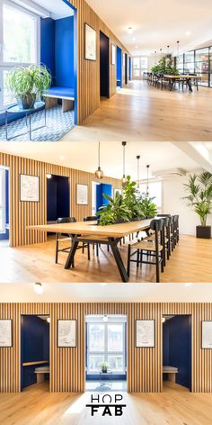 the interior of an office building with wood paneling and blue walls, plants in potted planters