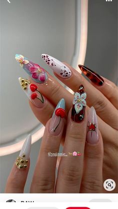 Italy Acrylic Nails, Lisi Shops Nails, Teacher Nails Acrylic, Natalie Minerva Nails, Colombia Nails Design, Stiletto Junk Nails, Aesthetic Nail Pics, Maddie Perez Nails, Each Nail Different Design