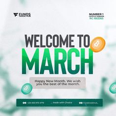 a website page with the words welcome to march and an image of coins coming out of it