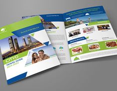 an open brochure is shown with images of people in the city on it