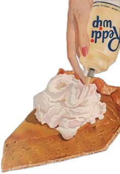 a piece of pie with whipped cream being poured onto it by someone's hand