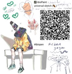 a person sitting on top of a bench next to a qr code and some drawings