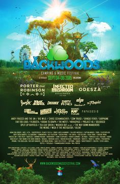 the back to the woods festival poster with an image of trees and birds on it