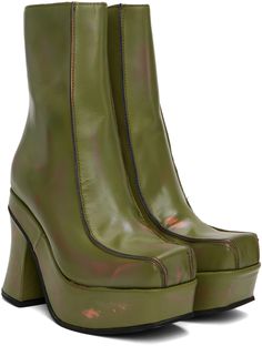 Ankle-high buffed leather boots in green. · Smudging and distressing throughout · Square toe · Pinched seams at vamp · Zip closure at inner side · Grained leather lining · Covered platform midsole · Covered block heel with rubber injection · Rubber sole · Platform: H1.75 · Heel: H4.5 Supplier color: Green Womens Square Toe Boots, Patchwork Boots, Eckhaus Latta, Green Boots, Square Toe Boots, Black Leather Boots, Cowboy Boots, Black Boots, Leather Boots