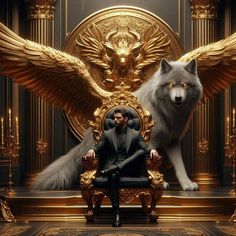 a man sitting on top of a golden throne next to an eagle and a wolf