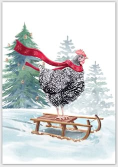 a chicken is standing on a sled in front of a christmas tree with a red ribbon