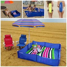 a collage of photos showing people on the beach with chairs and an inflatable pool