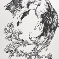 a black and white drawing of a wolf jumping over flowers