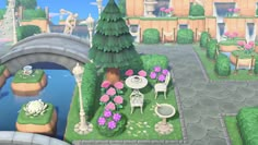 an animal crossing a bridge over a small pond in the middle of a park with tables and chairs