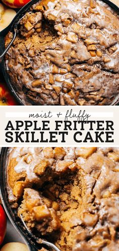 an apple fritter skillet cake with apples in the background and text overlay