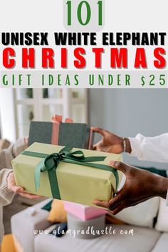 two people exchanging gifts with the text 101 unisex white elephant christmas gift ideas under $ 25