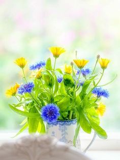 a blue and white vase filled with yellow flowers