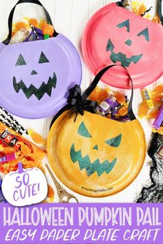 three paper plates decorated with halloween pumpkins and jack - o'- lantern faces