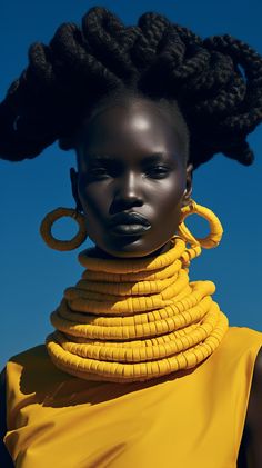 an african woman with large yellow rings on her neck and braids in her hair