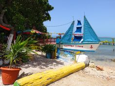 a boat that is sitting in the sand near some water and plants on the beach