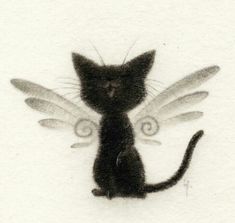 a black cat with angel wings on it's back