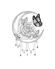 a black and white drawing of a rose on the moon with butterflies flying over it