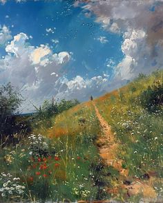 an oil painting of a dirt road in a field with wildflowers and clouds