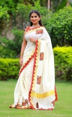 Top 14 Kerala Cotton Sarees Which Enhance Your Beauty and Look Kalamkari Motifs, Kerala Saree, Cotton Saree Designs, Applique Work, White Saree, Enhance Your Beauty, Patch Work, Cotton Sarees, Traditional Wear