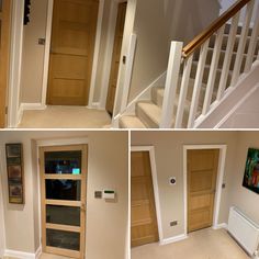 three pictures of the inside of a house with wood doors and windows, including stairs