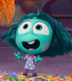 an animated character with green hair and blue eyes standing in front of candy candies