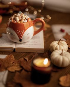 a cup filled with marshmallows sitting on top of an open book next to some pumpkins