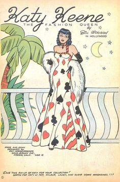 an old fashion magazine cover with a woman in a dress and palm trees on the balcony