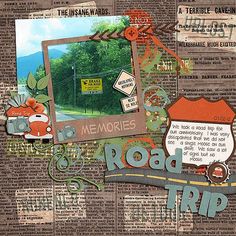 altered photograph of road trip with newspaper clippings and photoshopped onto it