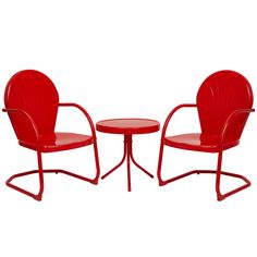 two red chairs and a small table on a white background