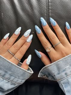 Gyaru Nails Solid Blue Nails With Design, White Nails With Blue Swirls, White With Blue Accent Nails, Blue Nails Acrylic Design Art Ideas, Nail Art Designs Acrylic Almond, Blue With White Tip Nails, Two Color Nail Design Simple, Blue And White Squiggle Nails, Nails Acrylic White And Blue