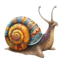 a colorful snail figurine sitting on top of a white surface with an intricately painted shell