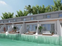 an artist's rendering of a house with pool and lounge chairs next to it