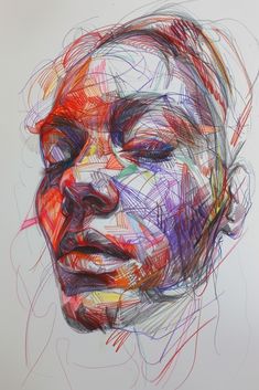 a drawing of a woman's face with colored lines