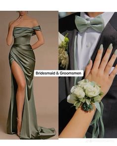 the bridesmaid and groomsmen are dressed up in green dresses with high thigh slits